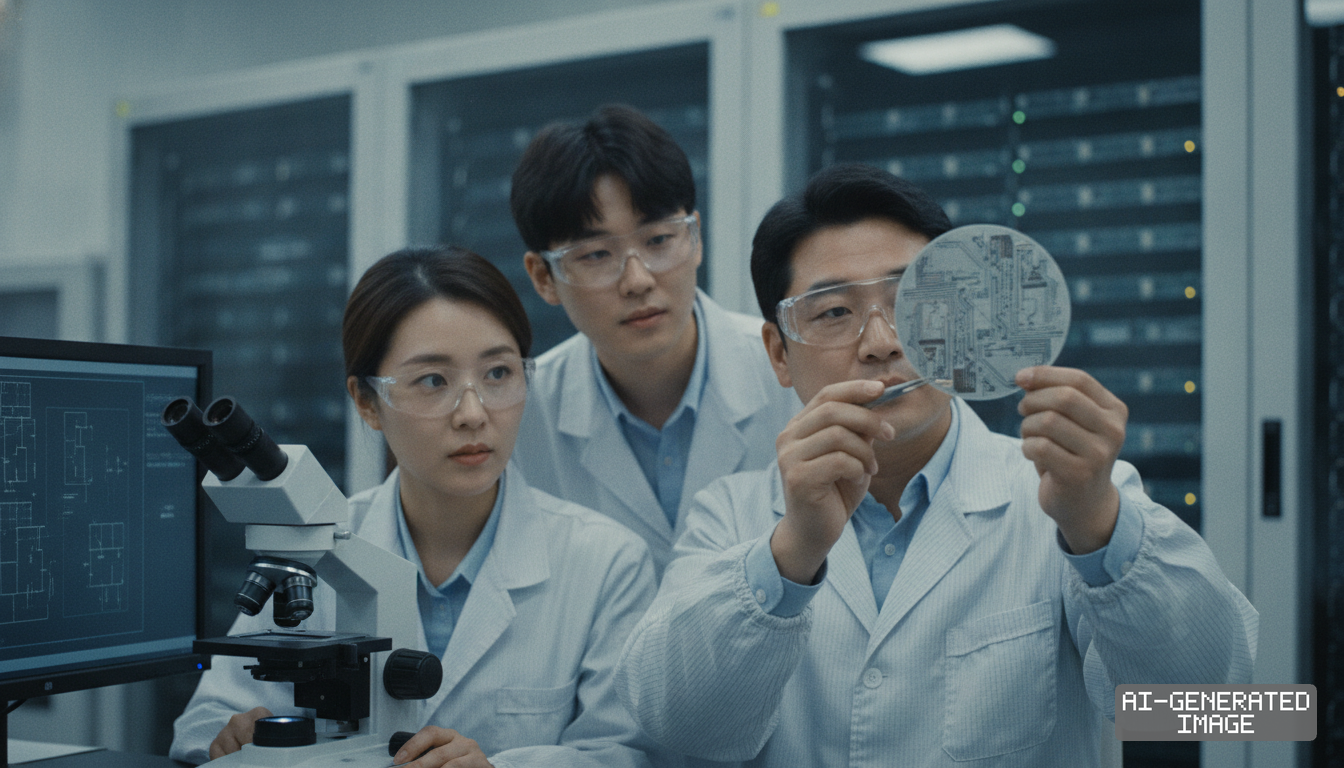 Engineers in a semiconductor laboratory inspect a patterned silicon wafer beside a microscope and digital schematics. (AI-generated image)