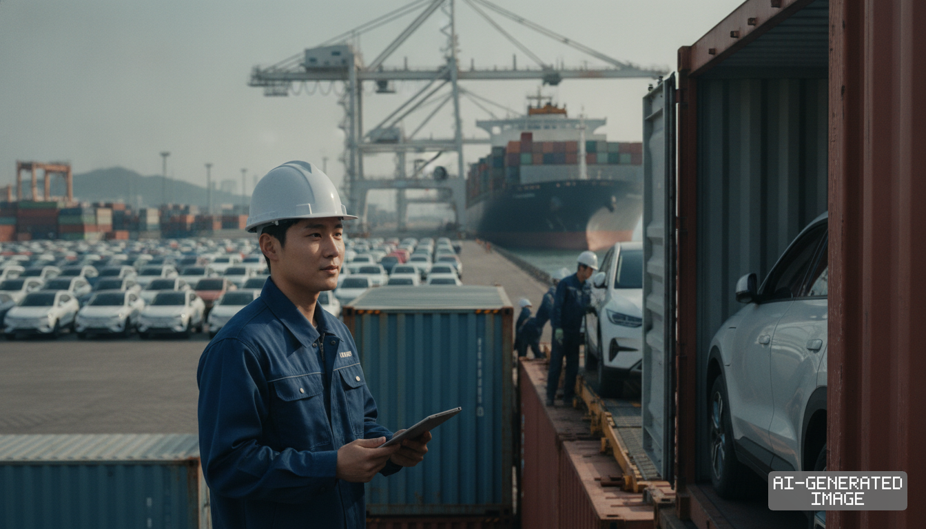 A worker holds a tablet as new electric vehicles are packed into shipping containers for maritime export at a port terminal. (AI-generated image)