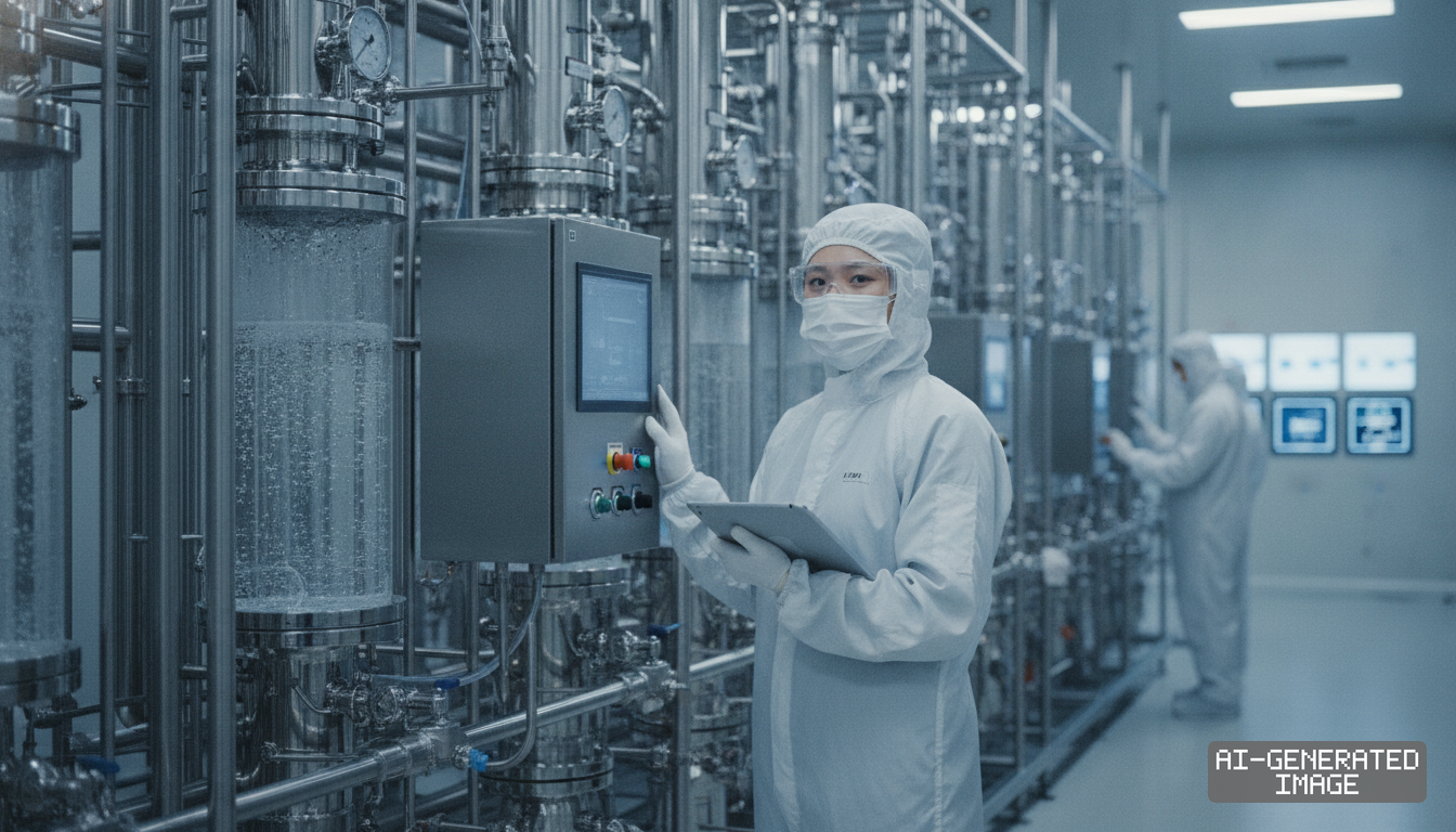 A technician in protective cleanroom gear monitors distillation and purification equipment for semiconductor-grade specialty gases. (AI-generated image)