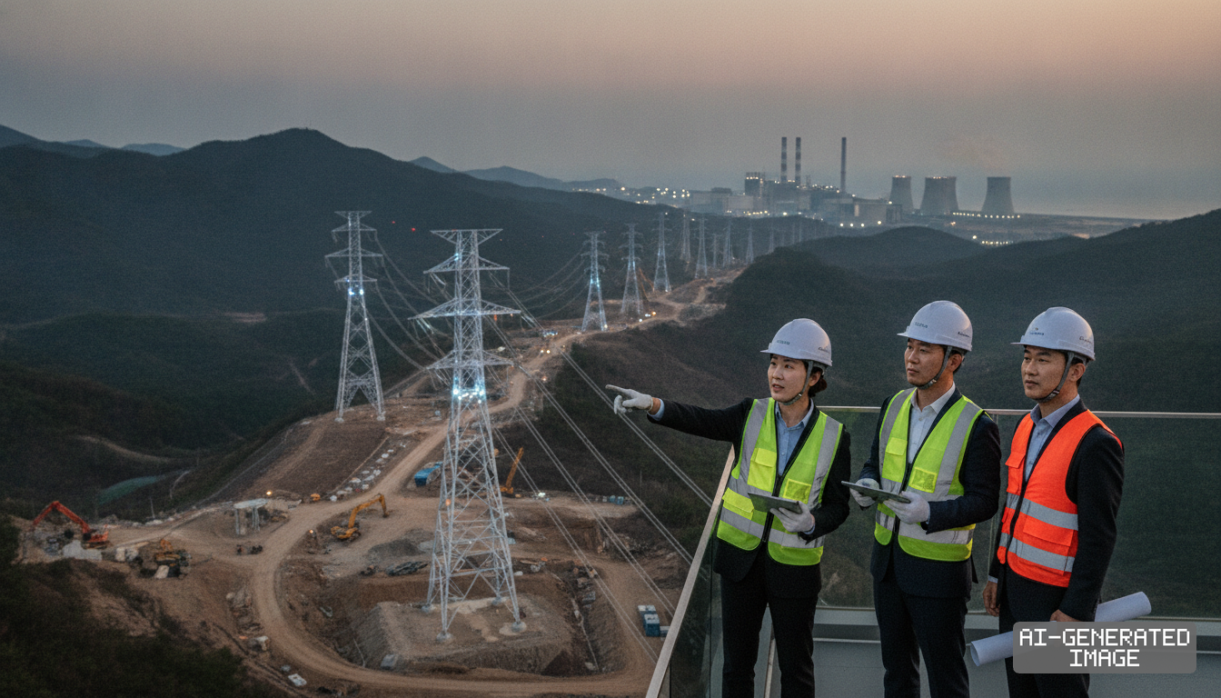 Engineers inspect high-voltage transmission towers under construction across mountainous terrain leading from a coastal power facility. (AI-generated image)