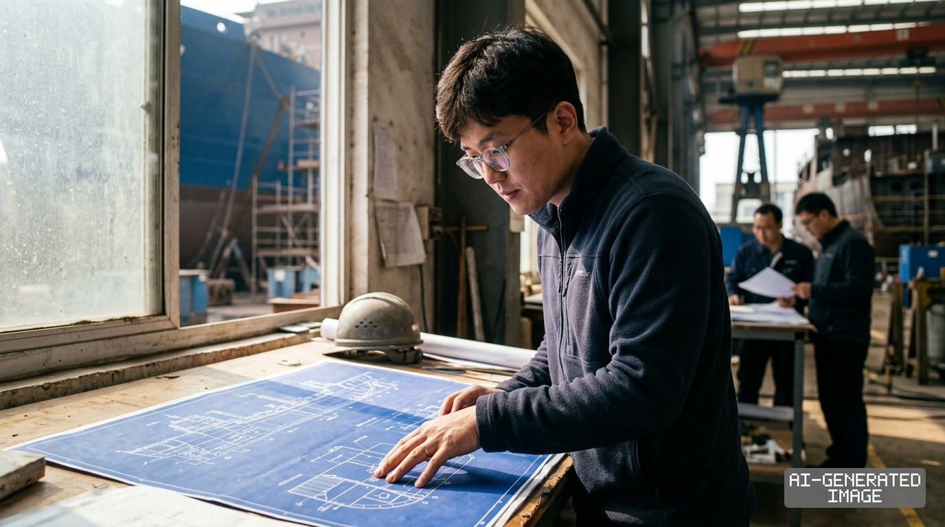 An engineer examines vessel blueprints inside a shipyard workshop as construction continues outside. (AI-generated image)
