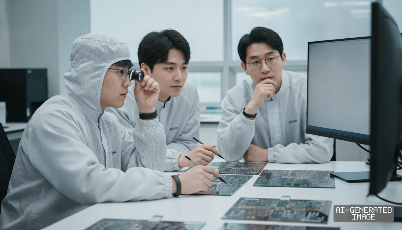 Engineers in cleanroom garments examine semiconductor package substrates with an optical loupe at a workstation. (AI-generated image)