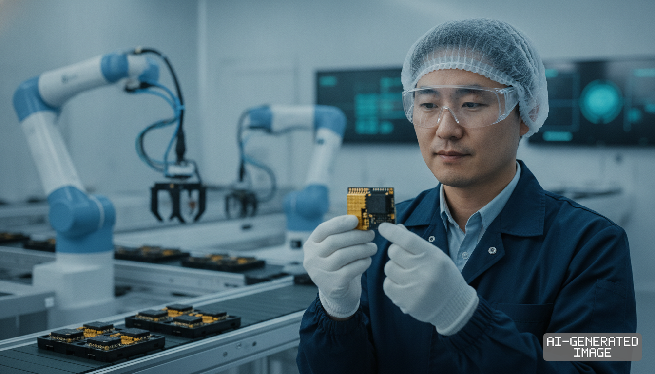 A worker inspects a semiconductor module beside robotic assembly arms along an automated production line. (AI-generated image)