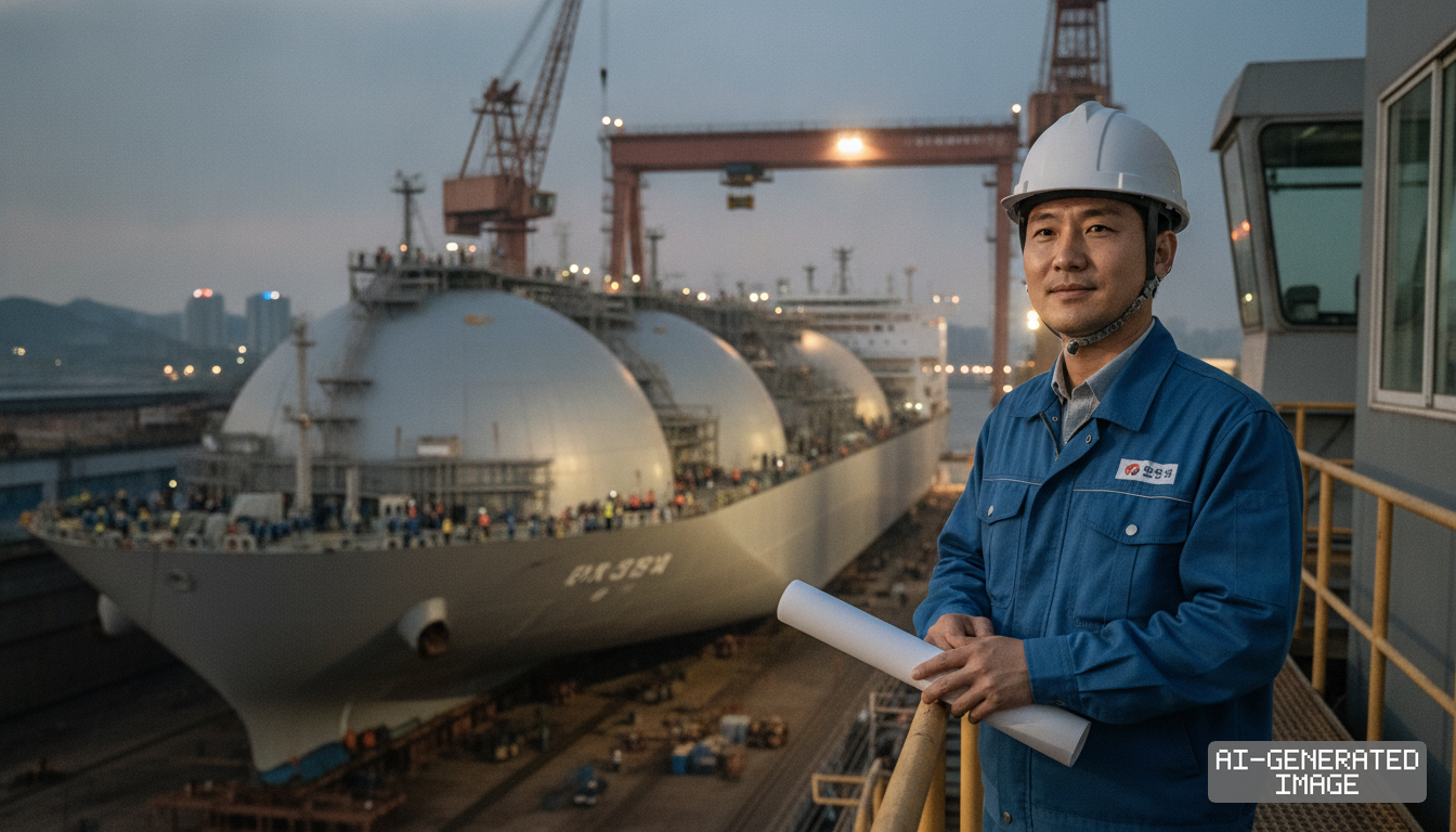 An engineer wearing a hardhat holds rolled documents beside a large liquefied natural gas carrier in a shipyard drydock. (AI-generated image)
