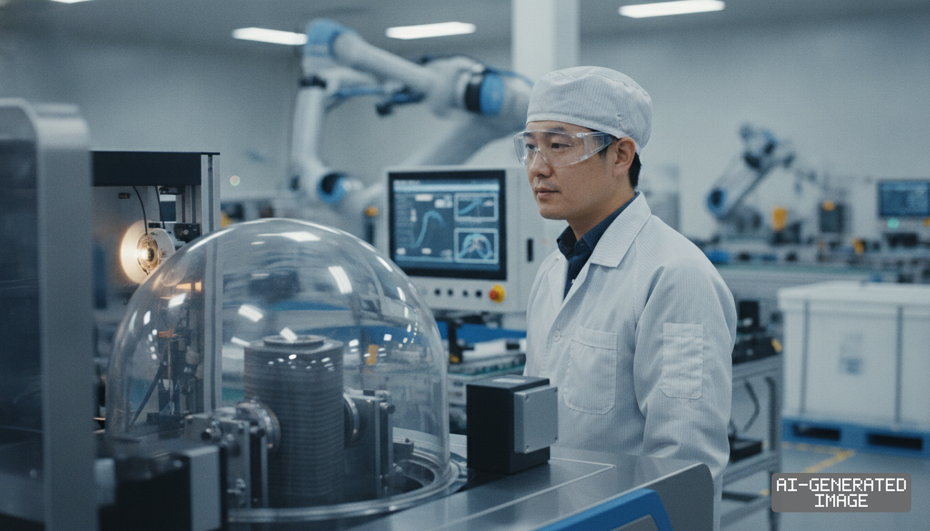An engineer in protective wear monitors automated equipment and robotic arms on an advanced battery manufacturing line. (AI-generated image)