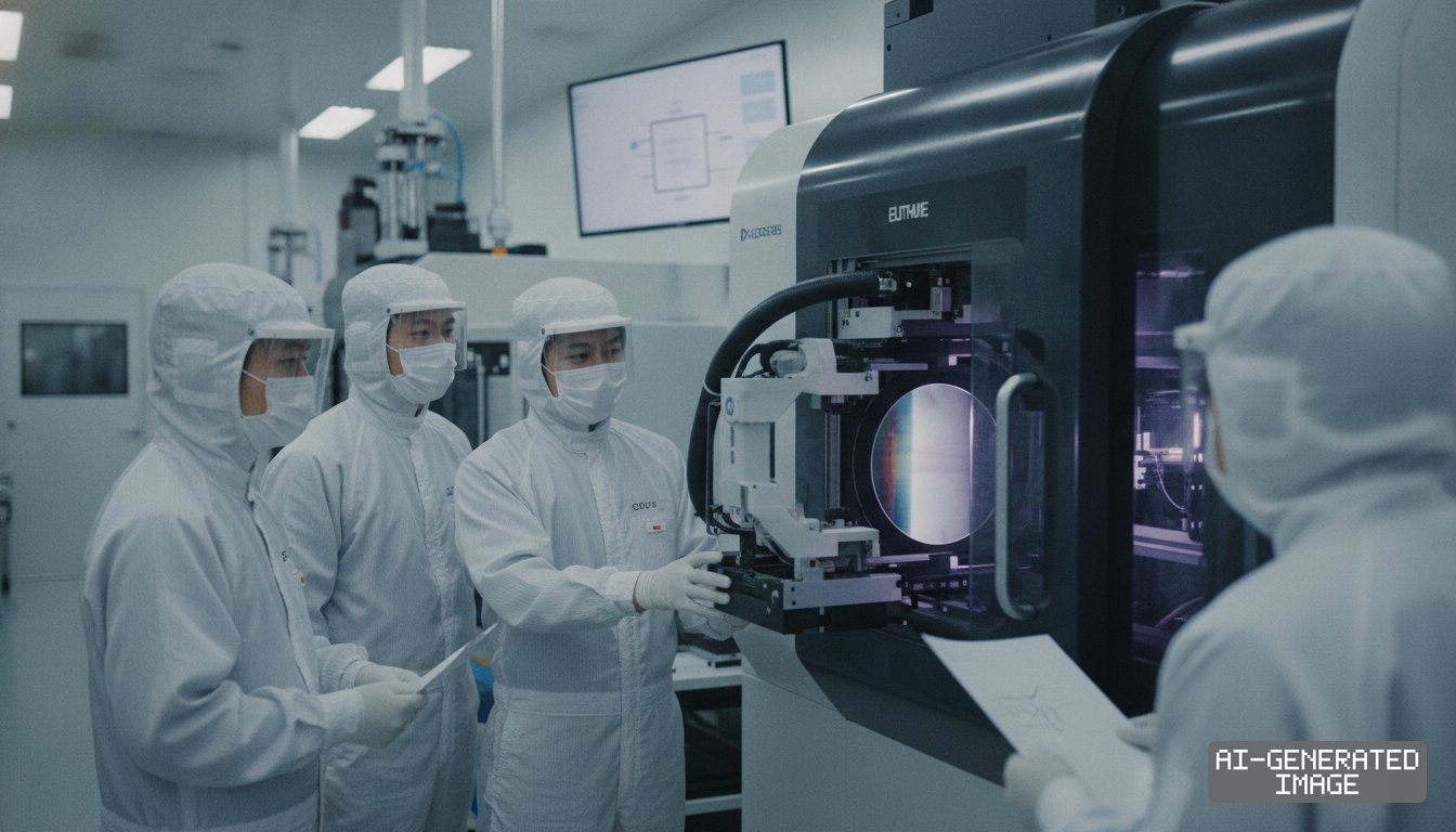Technicians in cleanroom suits inspect a semiconductor wafer inside a fabrication machine at an advanced chip facility. (AI-generated image)