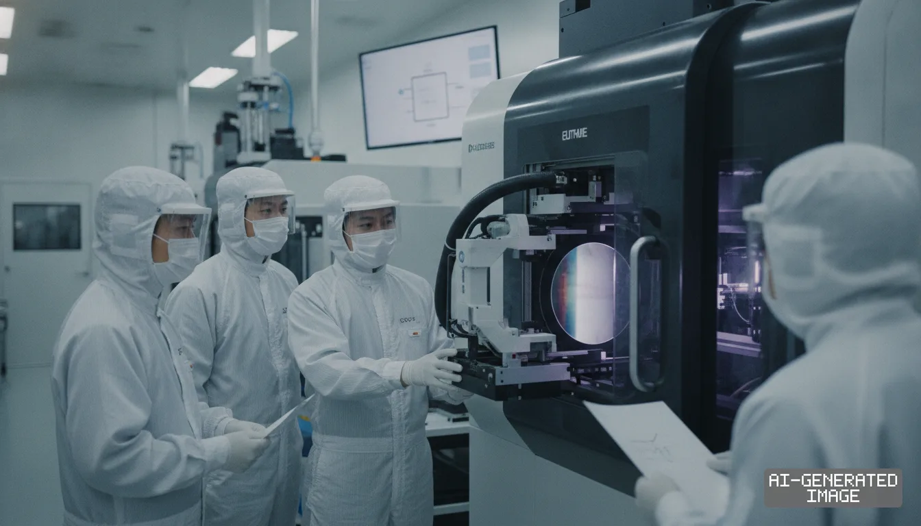 Technicians in cleanroom suits inspect a semiconductor wafer inside a fabrication machine at an advanced chip facility. (AI-generated image)