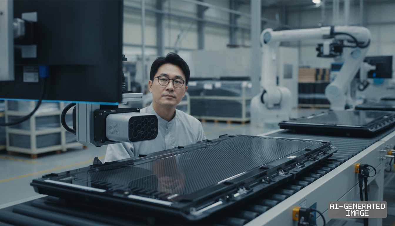 A technician monitors an automated optical inspection system examining a carbon fiber composite panel on a factory conveyor line. (AI-generated image)