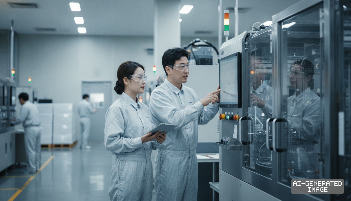 Engineers in protective gear operate semiconductor manufacturing machinery inside a cleanroom fabrication facility. (AI-generated image)