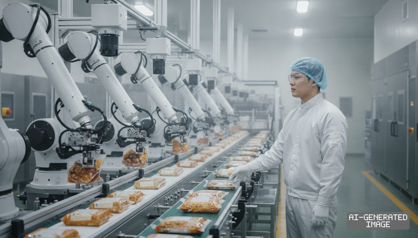 A worker in protective gear monitors robotic arms sorting packaged meals along a conveyor line in a food processing plant. (AI-generated image)