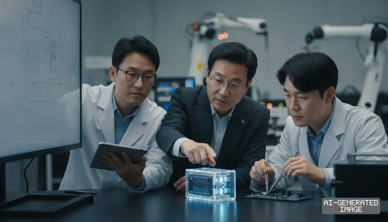 Engineers and a colleague examine an illuminated battery module and circuit board in a development laboratory. (AI-generated image)