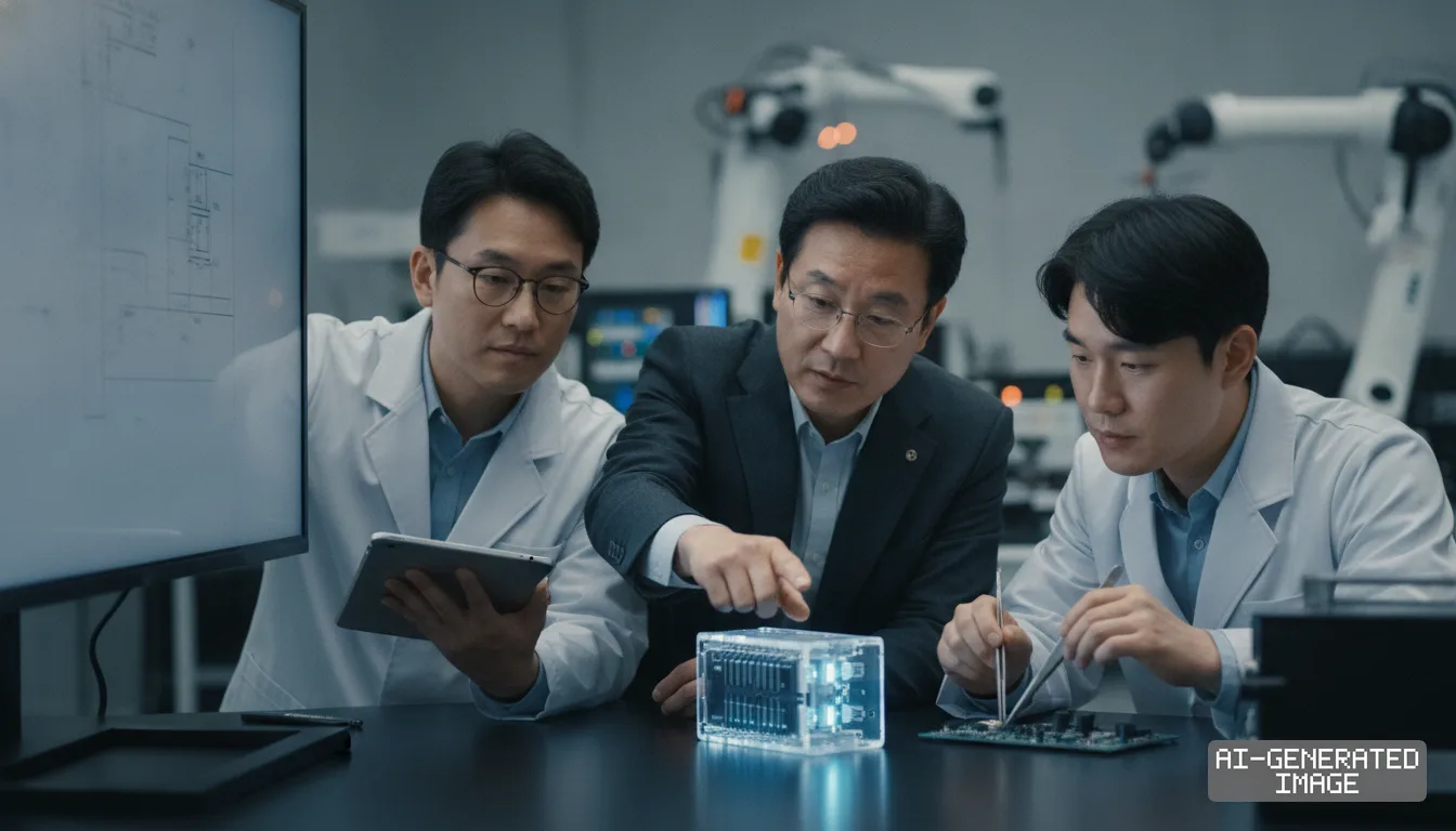 Engineers and a colleague examine an illuminated battery module and circuit board in a development laboratory. (AI-generated image)