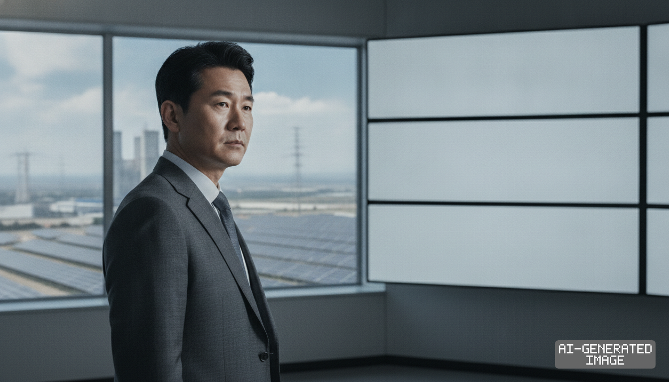 A man in a business suit stands inside an office overlooking a solar panel installation and industrial power infrastructure. (AI-generated image)
