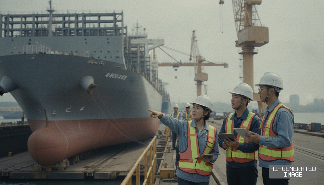 Engineers inspect a large container ship under construction at a drydock facility as Chinese shipyards reorganize production. (AI-generated image)