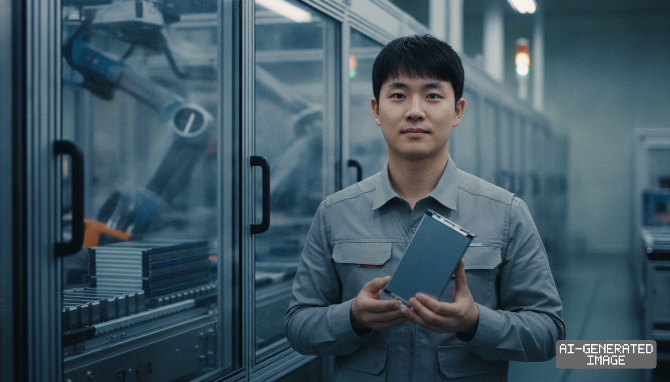 A technician holds a prismatic battery cell in front of an automated production line inside a manufacturing facility. (AI-generated image)