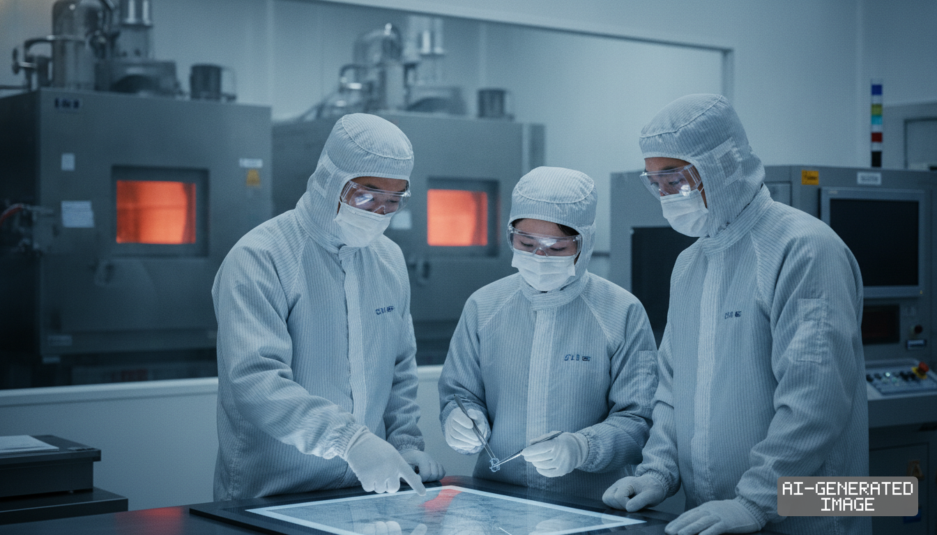 Technicians in cleanroom suits inspect a semiconductor sample near industrial furnaces inside a manufacturing facility. (AI-generated image)