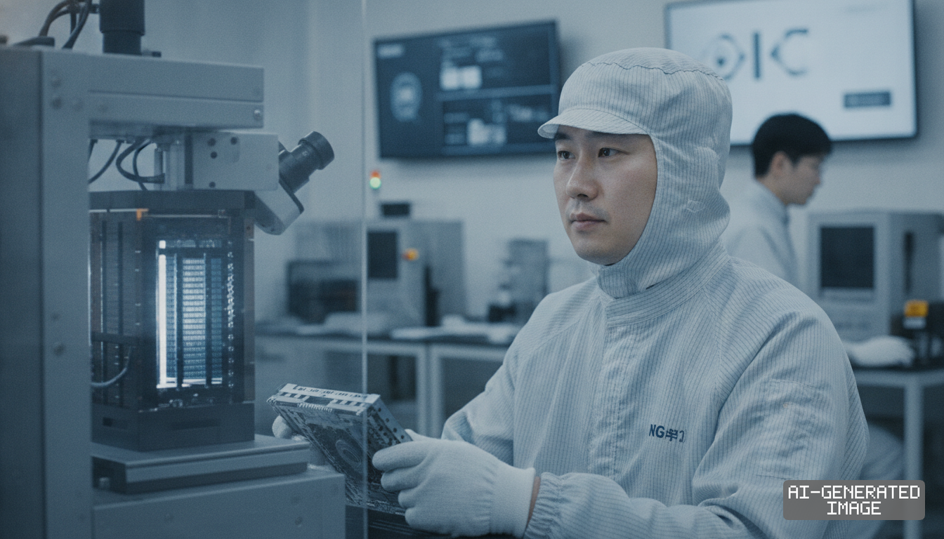A technician in protective cleanroom attire holds a component next to processing equipment inside a semiconductor manufacturing laboratory. (AI-generated image)