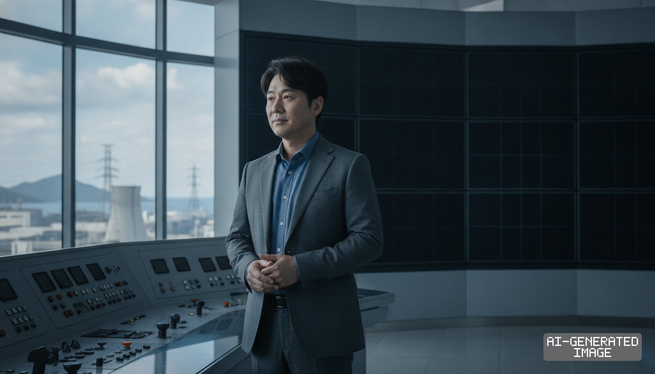 A man in a suit stands in a control room beside a console overlooking a nuclear power facility. (AI-generated image)
