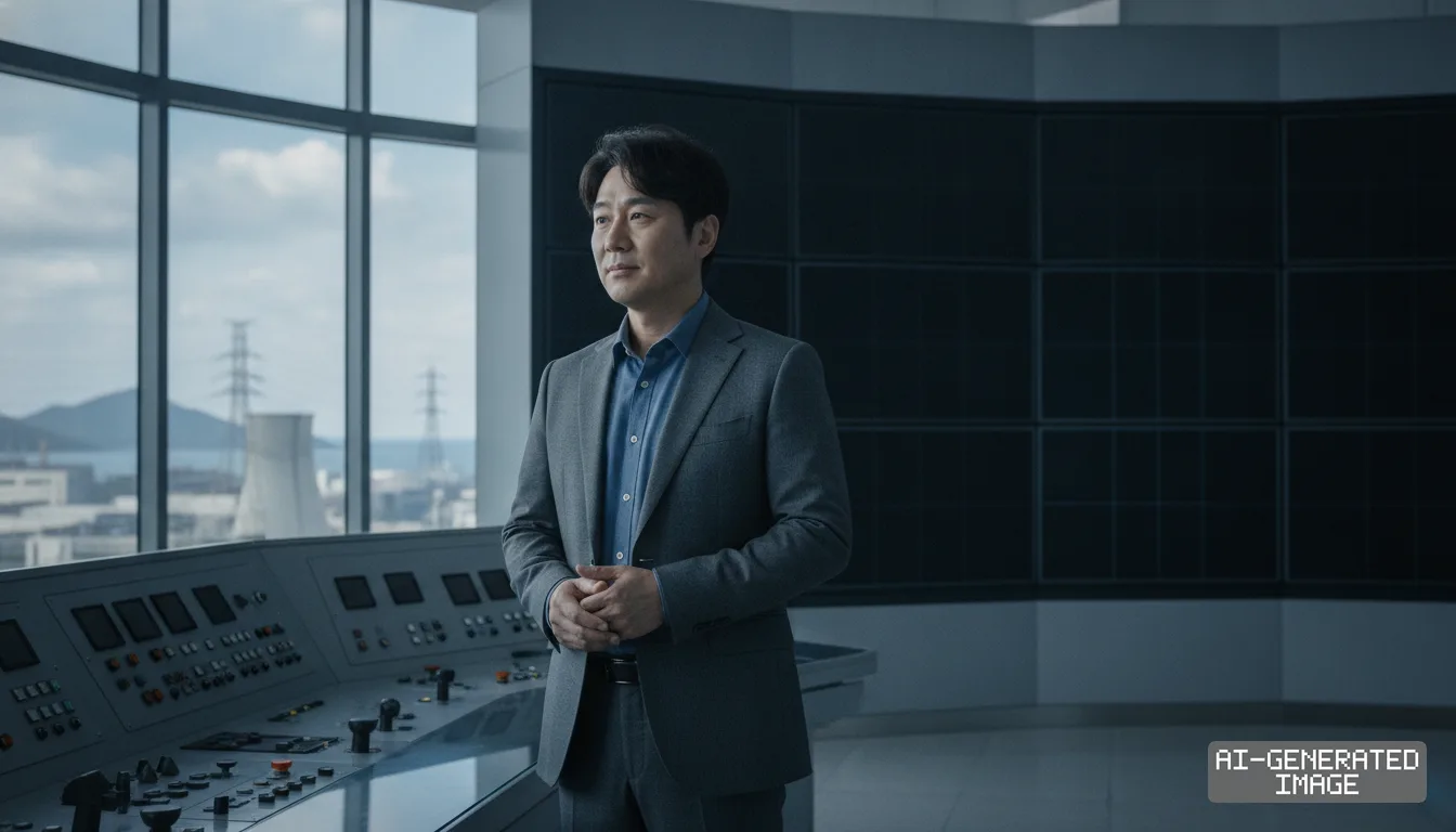 A man in a suit stands in a control room beside a console overlooking a nuclear power facility. (AI-generated image)