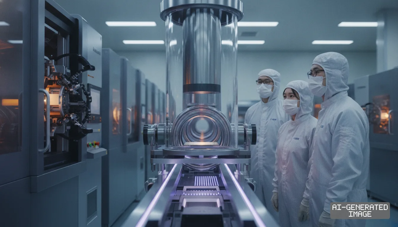 Engineers in cleanroom suits monitor an automated vacuum wafer transfer system inside an advanced semiconductor fabrication facility. (AI-generated image)