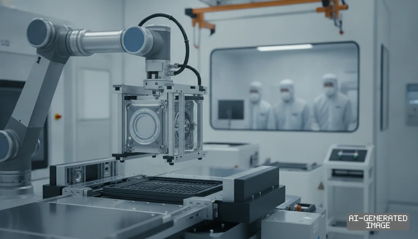 A robotic arm moves equipment inside a semiconductor cleanroom as technicians in protective suits observe from behind glass. (AI-generated image)