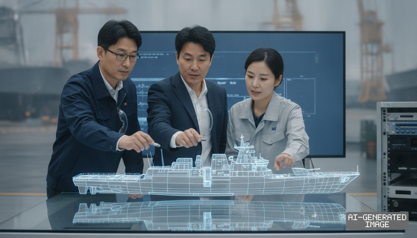 Engineers examine a 3D holographic model of a naval frigate design during an assessment of modified hull specifications. (AI-generated image)