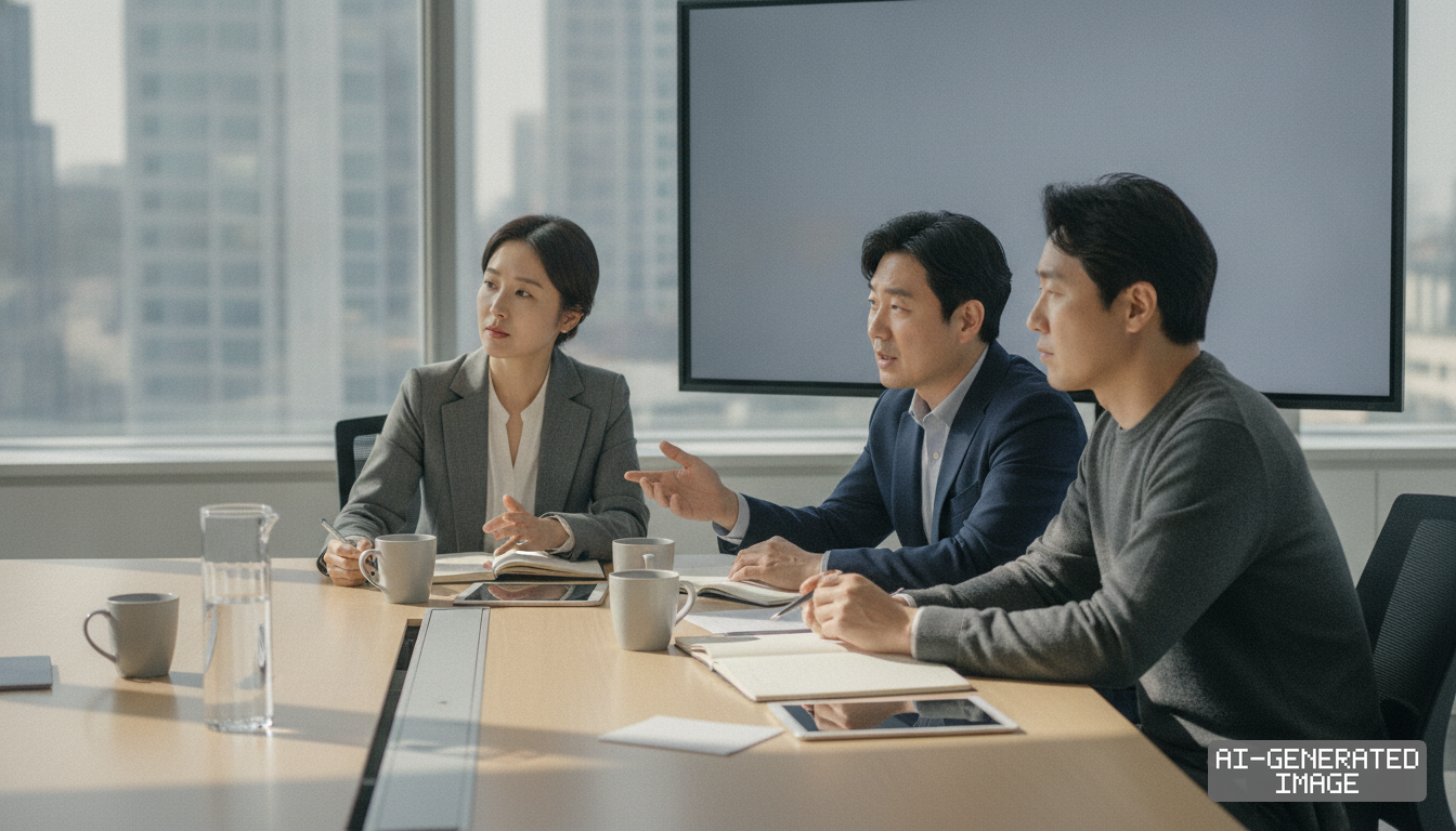 Professionals gather around a conference table in a high-rise office during an industry meeting. (AI-generated image)