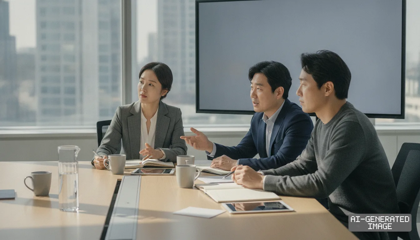 Professionals gather around a conference table in a high-rise office during an industry meeting. (AI-generated image)