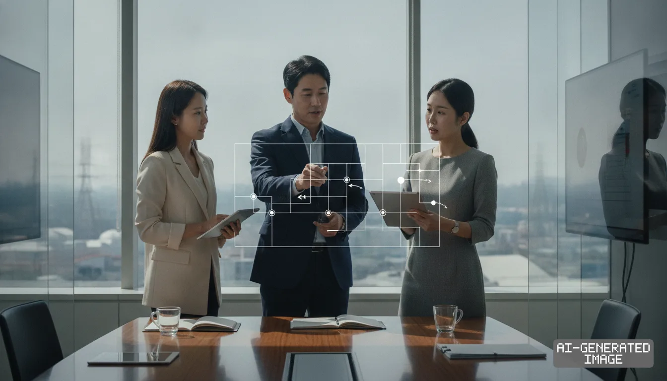 Corporate executives review digital grid transmission schematics during an energy procurement meeting in a modern conference room. (AI-generated image)