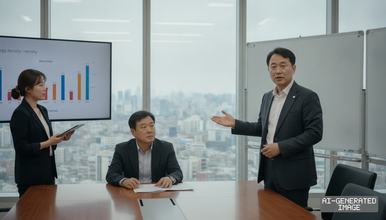 Professionals discuss battery energy density data displayed on a screen during a meeting in a high-rise office. (AI-generated image)