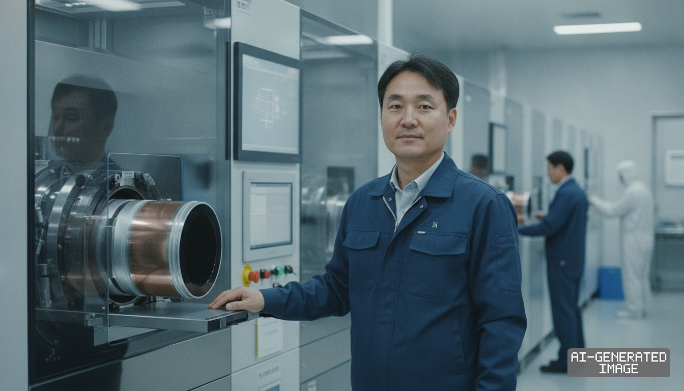 An engineer stands beside specialized processing equipment inside a semiconductor manufacturing facility. (AI-generated image)