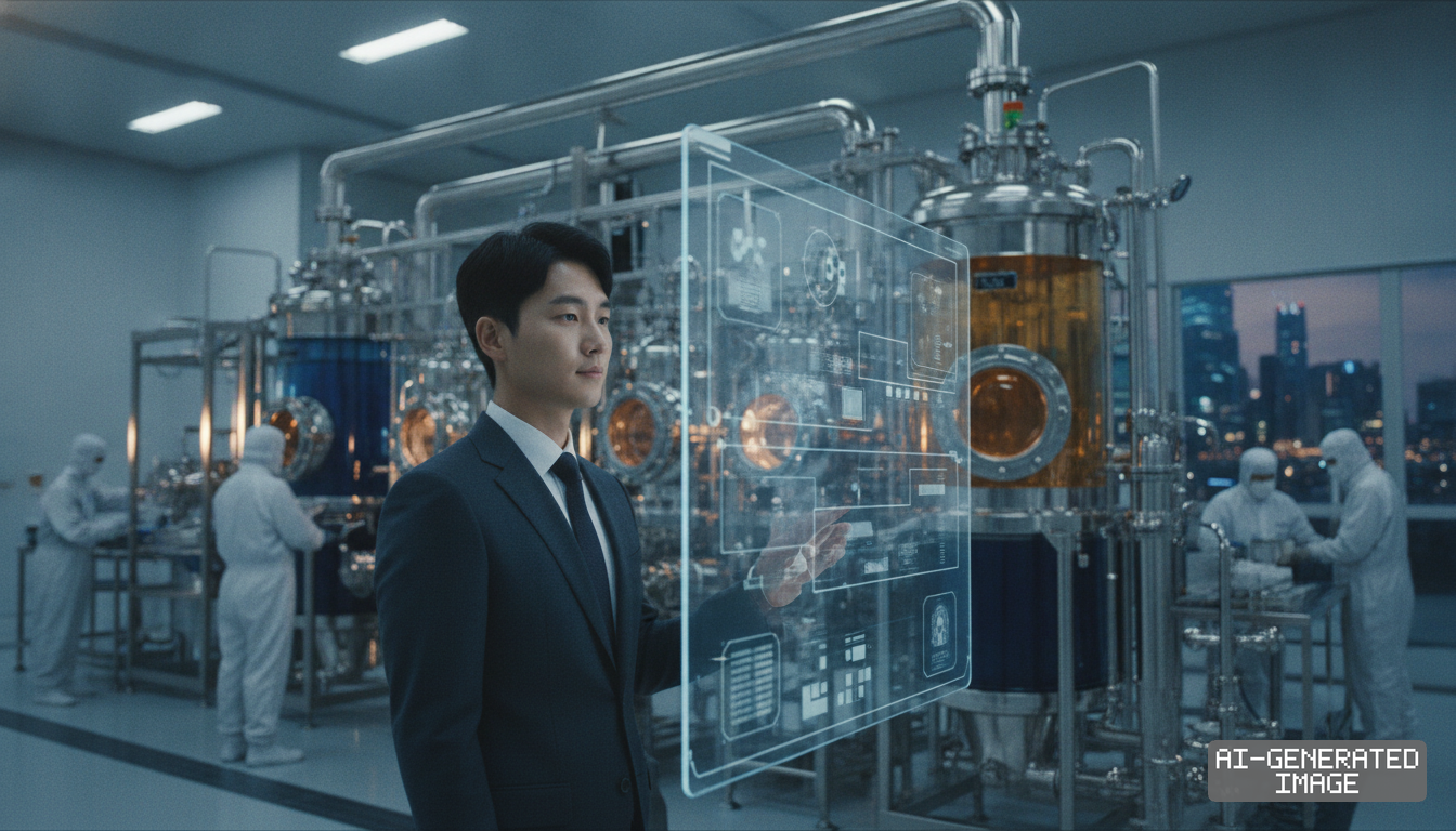 A manager uses a digital interface to monitor advanced equipment inside a high-purity mineral refining facility. (AI-generated image)
