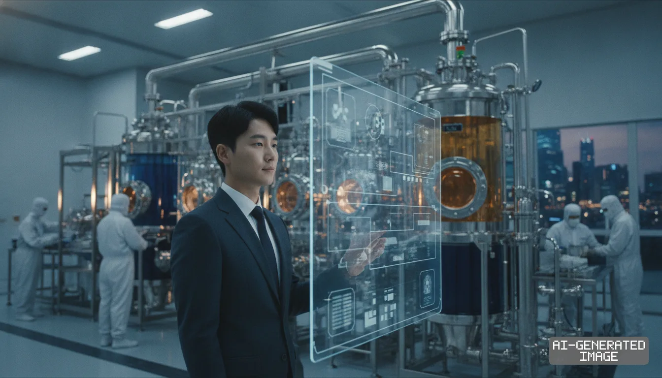 A manager uses a digital interface to monitor advanced equipment inside a high-purity mineral refining facility. (AI-generated image)
