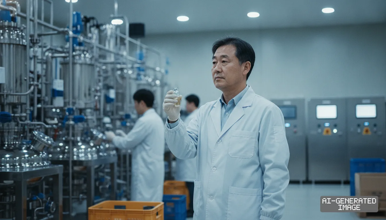 A chemical technician holds a liquid sample inside a specialty materials synthesis facility with industrial processing equipment. (AI-generated image)