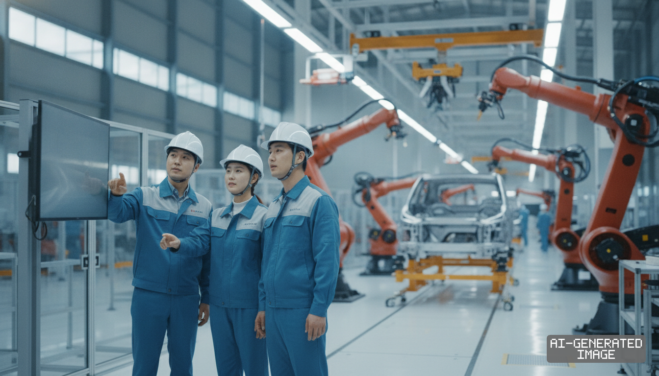 Engineers in hard hats check a display screen alongside an automated vehicle assembly line with robotic arms in an automotive plant. (AI-generated image)