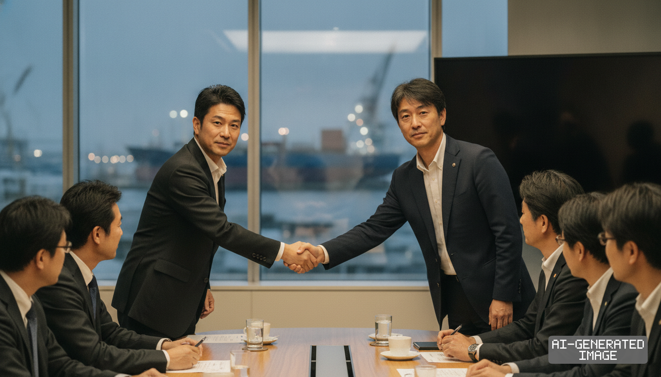 Japanese steel and shipbuilding executives shake hands in a boardroom overlooking a shipyard after finalizing supply agreements. (AI-generated image)