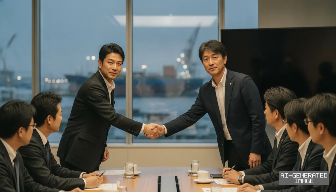 Japanese steel and shipbuilding executives shake hands in a boardroom overlooking a shipyard after finalizing supply agreements. (AI-generated image)