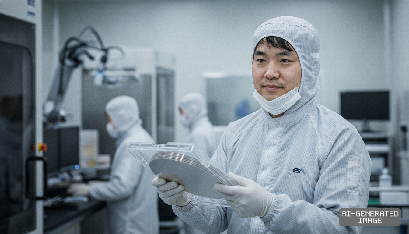 A technician in cleanroom attire holds a container of silicon wafers inside a semiconductor manufacturing facility. (AI-generated image)