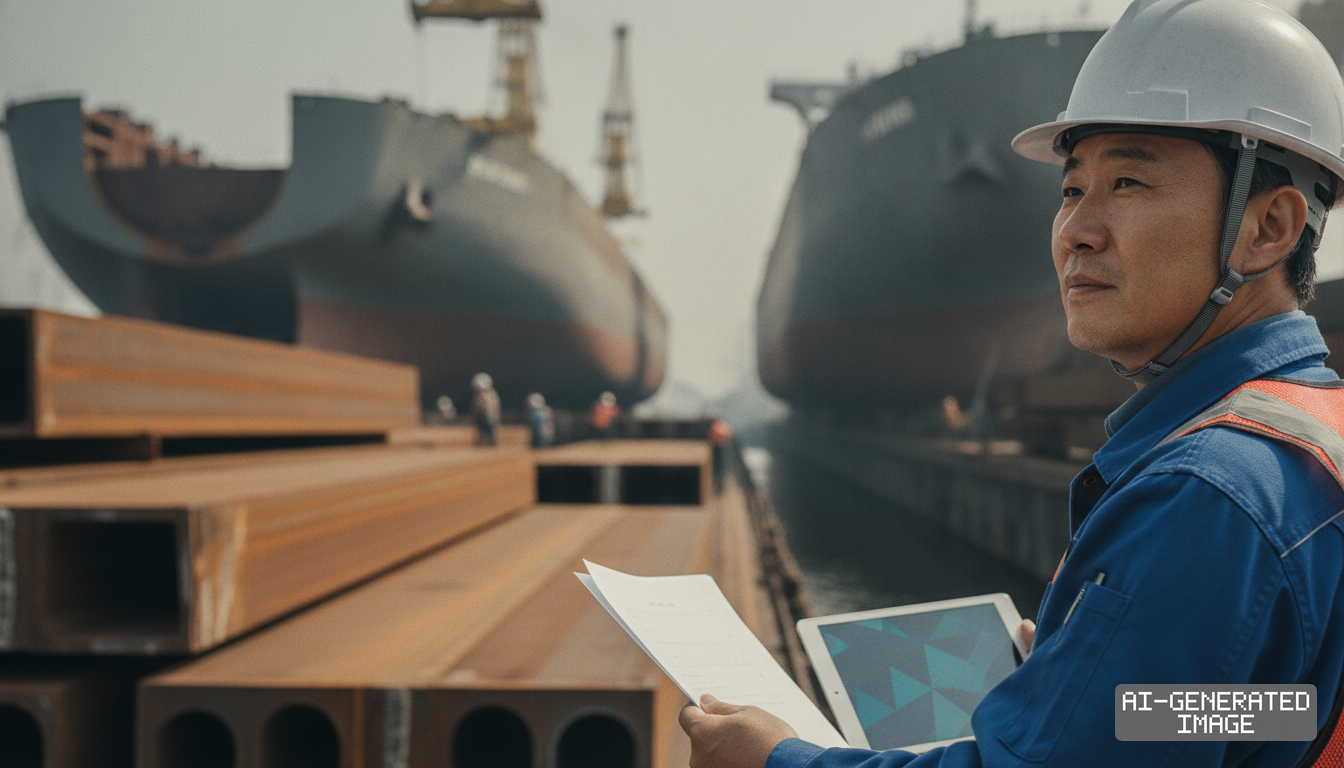 A shipyard worker holds documents near stacks of structural steel as large commercial vessels undergo construction in a dry dock. (AI-generated image)