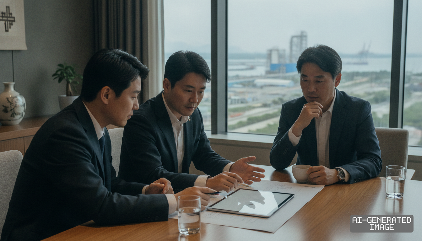 Corporate executives review project blueprints and a tablet in a conference room overlooking a coastal industrial port. (AI-generated image)