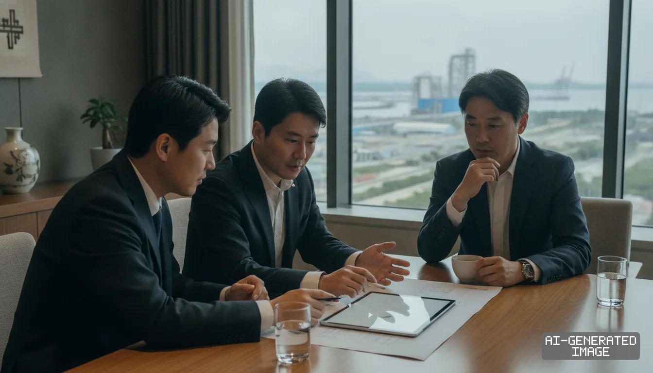 Corporate executives review project blueprints and a tablet in a conference room overlooking a coastal industrial port. (AI-generated image)