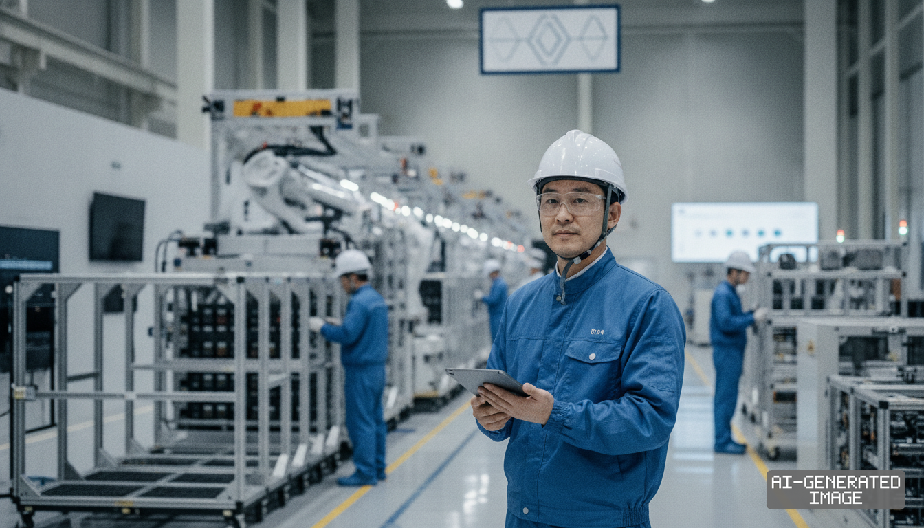 An engineer holds a tablet inside a battery manufacturing plant as technicians work along the facility's automated assembly line. (AI-generated image)