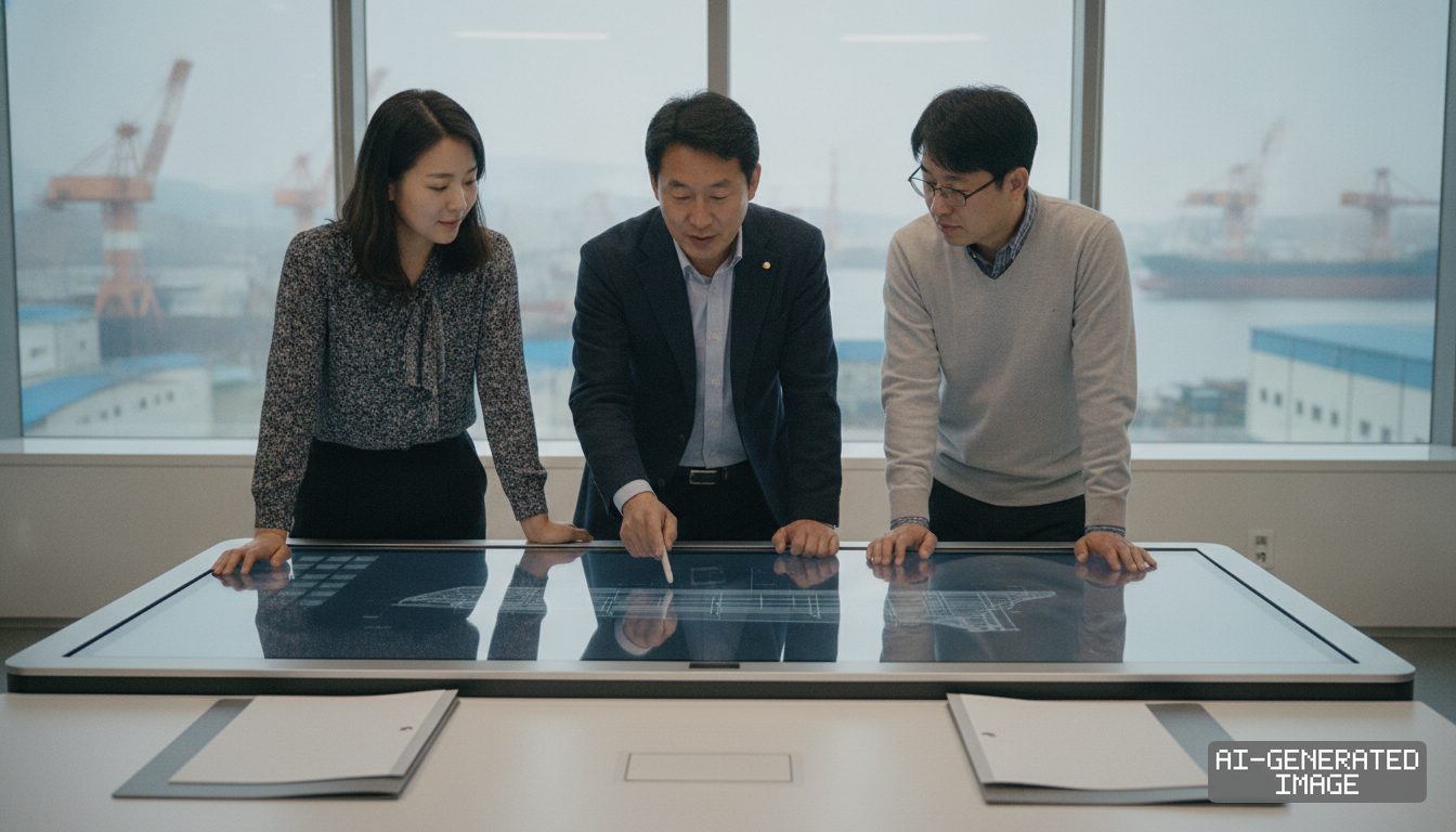 Engineers review vessel design blueprints on a large digital touch table in an office overlooking a shipyard. (AI-generated image)
