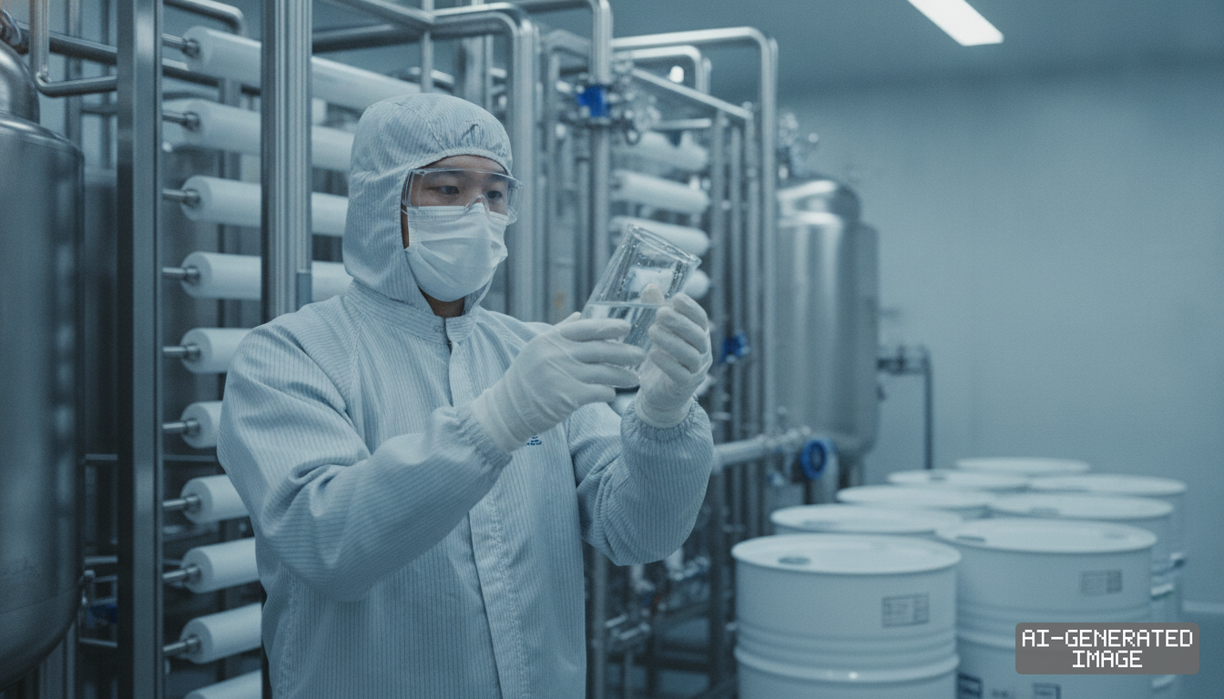 A worker in protective cleanroom gear inspects a clear liquid sample in a beaker beside filtration equipment and chemical storage drums. (AI-generated image)