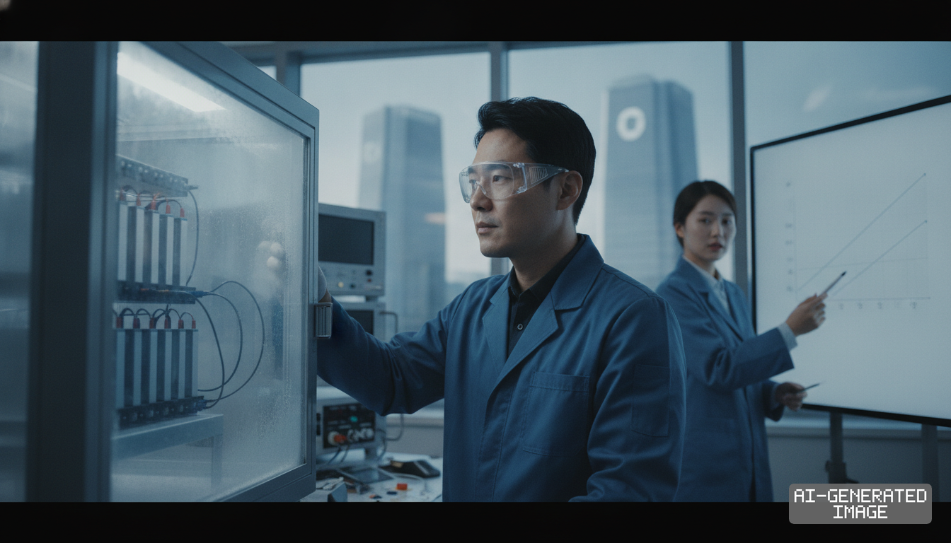Researchers evaluate battery cells inside an environmental test chamber while reviewing performance charts in a laboratory. (AI-generated image)