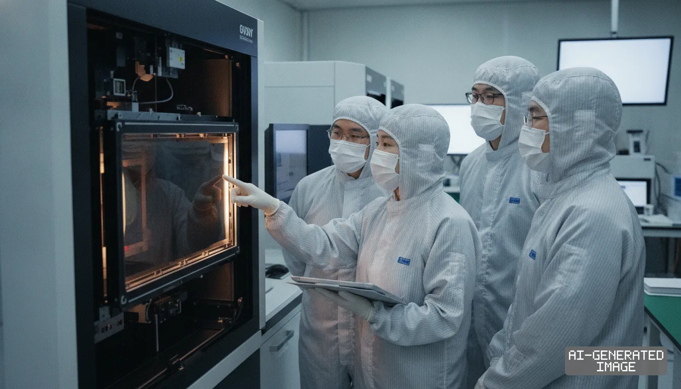Engineers in cleanroom suits examine a lighted processing chamber inside an advanced semiconductor materials facility. (AI-generated image)