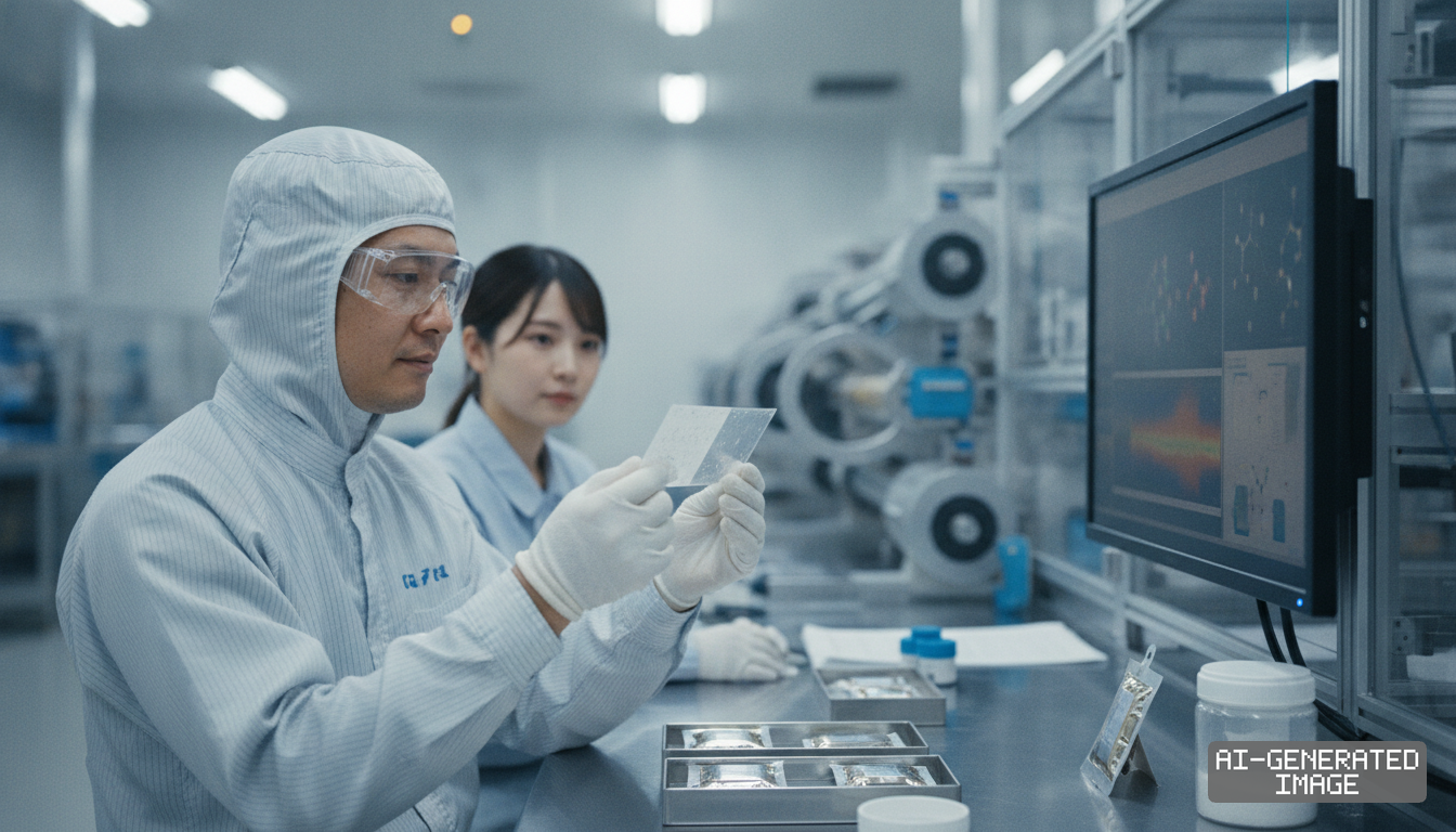 Technicians in cleanroom attire inspect a specialized battery separator membrane beside a monitor and processing equipment. (AI-generated image)