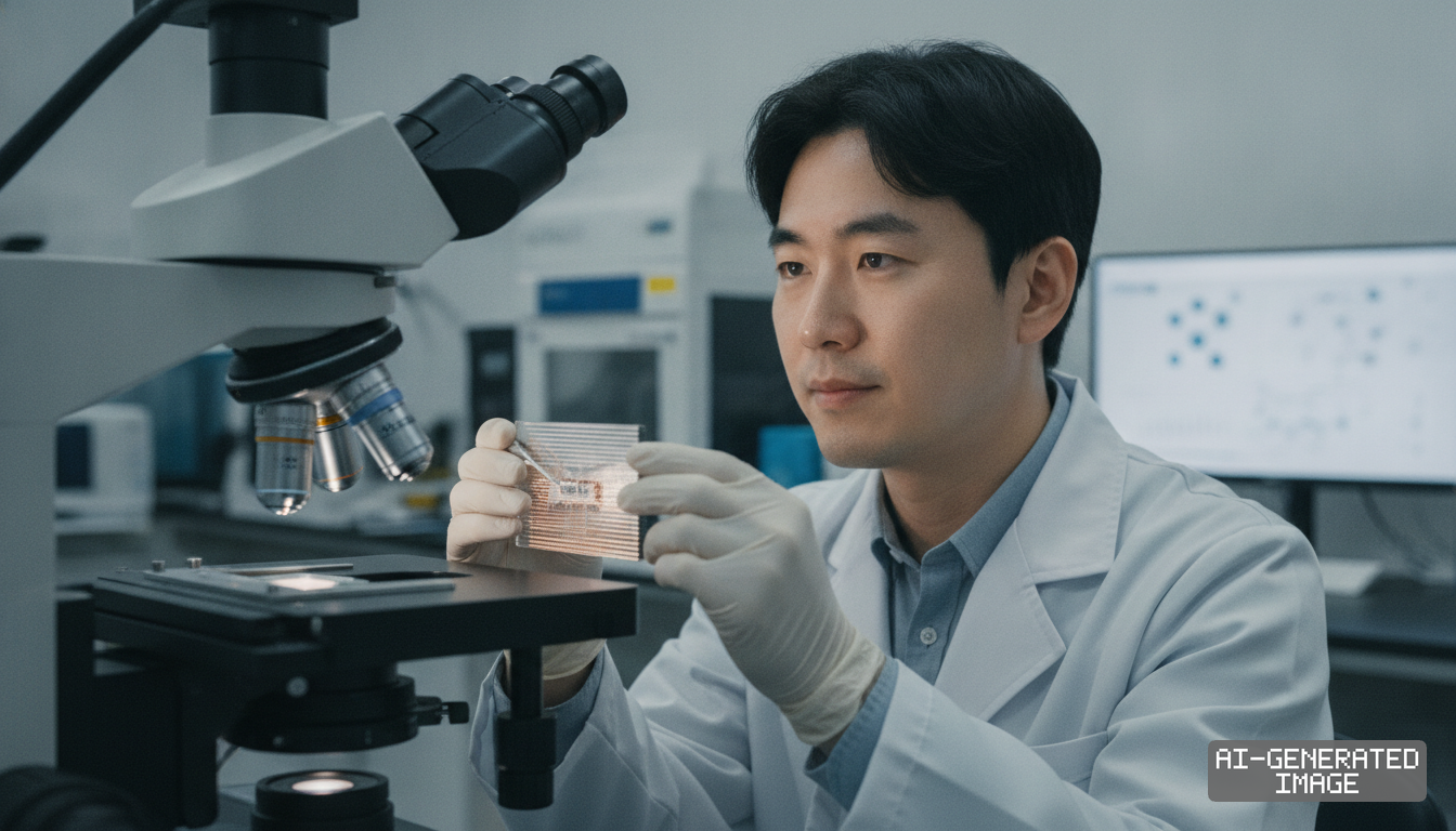 A researcher inspects a semiconductor sample next to a microscope during advanced packaging material development. (AI-generated image)