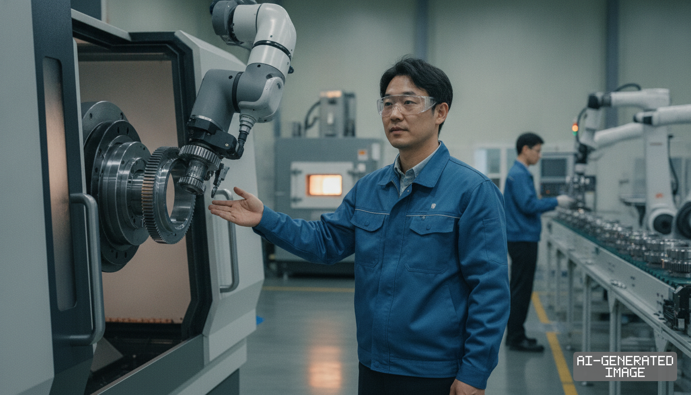 An engineer gestures toward an automated robotic arm machining a precision gear component on a factory production line. (AI-generated image)