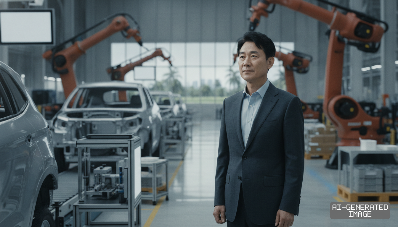 A man in a suit stands inside an automated vehicle assembly plant featuring robotic arms and car frames on a production line. (AI-generated image)